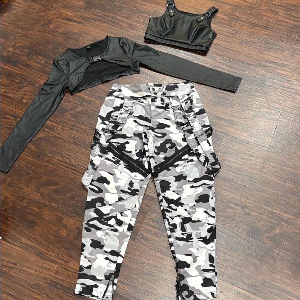 Black Crop Top and Camouflage Cargo Pants Set
